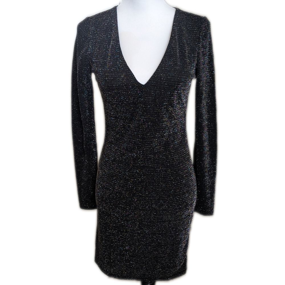 Forever 21 black v-neck long sleeve bodycon mini dress, multicolor sparkles M